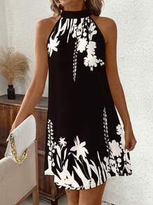 SHEIN Clasi Đầm cổ yếm họa tiết hoa giản dị dành cho nữ, thích hợp cho kỳ nghỉ - màu đen - Xem 5