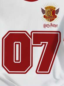 HARRY POTTER X SHEIN 女式休闲宽松落肩T恤，徽章和数字印花，夏季 - 白色 - 查看 7