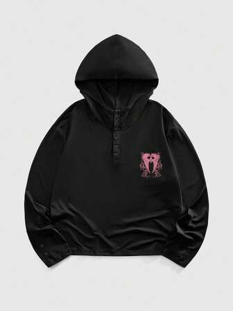 Street Life Sudadera con capucha casual de manga larga con botones de strass con diseño de alas y letras para hombre