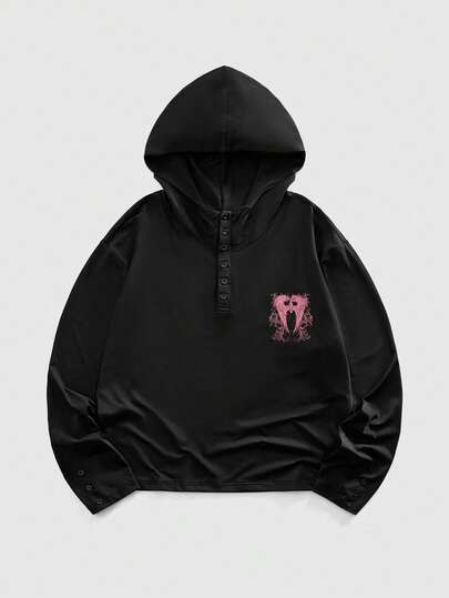 Street Life Sudadera con capucha casual de manga larga con botones de strass con diseño de alas y letras para hombre