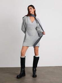Easelle Casual Retro Cinched Waist Deep V Oversized Women Sweatshirt Dress Lounge Dress Sporty Dress - Grey - View 3