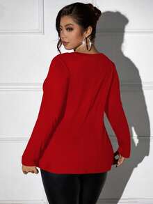Femmeverse Camiseta casual de manga larga con cuello en V de un solo color para tallas grandes, para primavera - Rojo - Ver 2