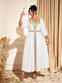 Elenzga 情人节女士加大码V领中长袖荷叶边流苏装饰独特设计优雅中长连衣裙 - 白色 - 查看 1