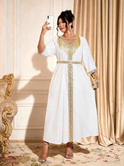 Elenzga Alla hjärtans dag Alla hjärtans dag Damklänning i plusstorlek med V-ringning, medellång ärm, midja, volang, tofsdekor, unik design, elegant midiklänning