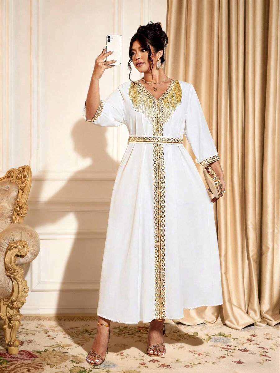 Elenzga 情人节女士加大码V领中长袖荷叶边流苏装饰独特设计优雅中长连衣裙 - 白色 - 查看 1