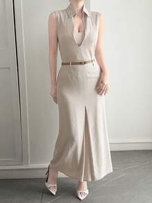 DAZY Women's Summer Deep V-Neck Sleeveless Vest And Straight Long Skirt Casual 2 Pieces Set - Apricot - View 1