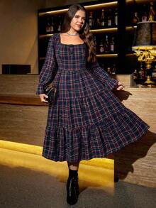 Ellevyn Đầm midi cổ vuông tay bèo nhún họa tiết kẻ caro cổ điển cỡ lớn cho nữ, mùa xuân/thu - màu đen - Xem 7