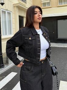 Jeanoix Plus Size Women's Fashionable Casual Washed Jacket - Black - View 3