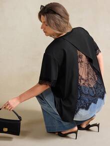 Elegantrix Plus Size Women's A-Line Contrast Lace Casual T-Shirt, Spring/Summer - Black - View 1