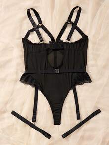 Plus Contrast Lace Mesh Harness Garter Lingerie Set - Black - View 2