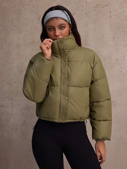 SHEIN Dewbera Women's Thick PU Green Stand Collar Loose Badminton Sports Comfortable Padded Coat, Winter Green Jacket Crop Jackets For Women Crop Puffer Jacket Women Puffer Jacket