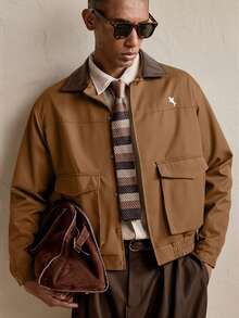 SWAVVY 男士梭织休闲宽松拼接开襟夹克 - 棕色 - 查看 1