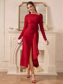 Amorya Vestido de punto de textura de unicolor con cuello asimétrico, volantes en el bajo y manga larga elegante para dama de oficina, ropa de mujer de otoño - Rojo - Ver 7