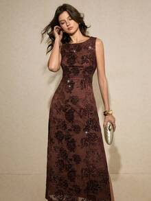 Poéselle 女士优雅派对纯色提花露背无袖连衣裙 - 咖啡棕 - 查看 6