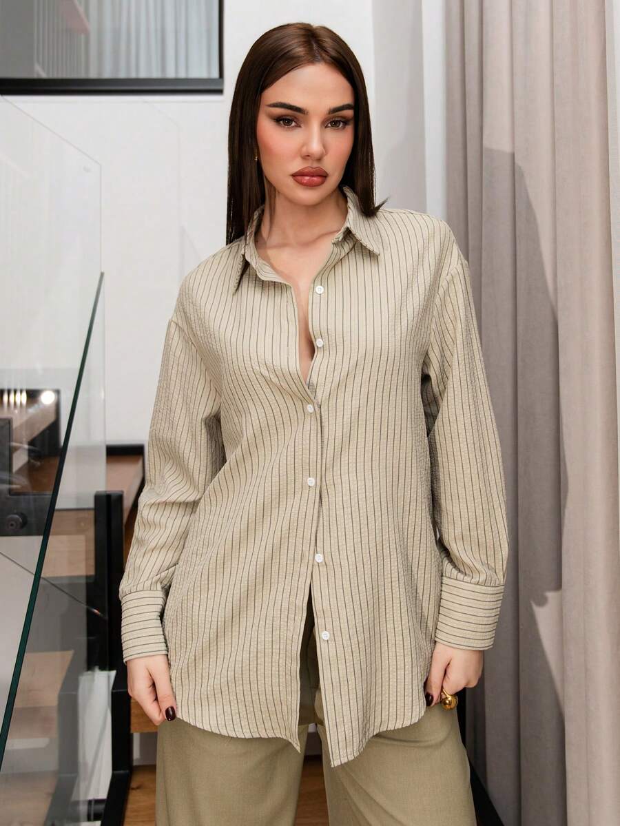 Bris Aura Áo sơ mi nữ tay dài cổ cài nút phía trước họa tiết sọc hồng tối giản ngày lễ tình nhân - Màu nâu  Mocha - Xem 1