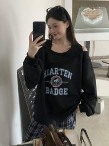 DAZY 女士休闲日常通勤时尚街头字母印花露肩蕾丝拼接宽松卫衣，春秋季 - 黑色 - 查看 6