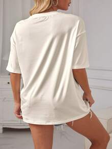 80 年代生日复古派对图案运动衫 - 霓虹心、旱冰鞋、磁带印花圆领宽松短袖 T 恤女士 - 杏色 - 查看 2