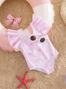 SHEIN 1 Paquete Traje de baño de niña bebé con gran lazo rosa decorado en la espalda, estampado de lazo rosa en todo el Body, adecuado para vacaciones y juego, apropiado para primavera y verano - Rosa - Ver 3