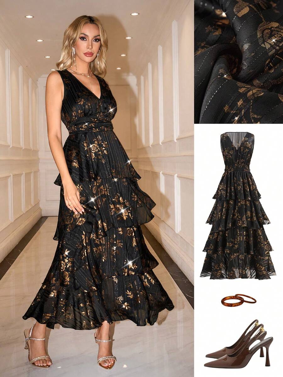 Ellevyn 女式 V 领收腰分层豹纹无袖长裙，优雅日常穿着，春夏秋 - 棕色 - 查看 1