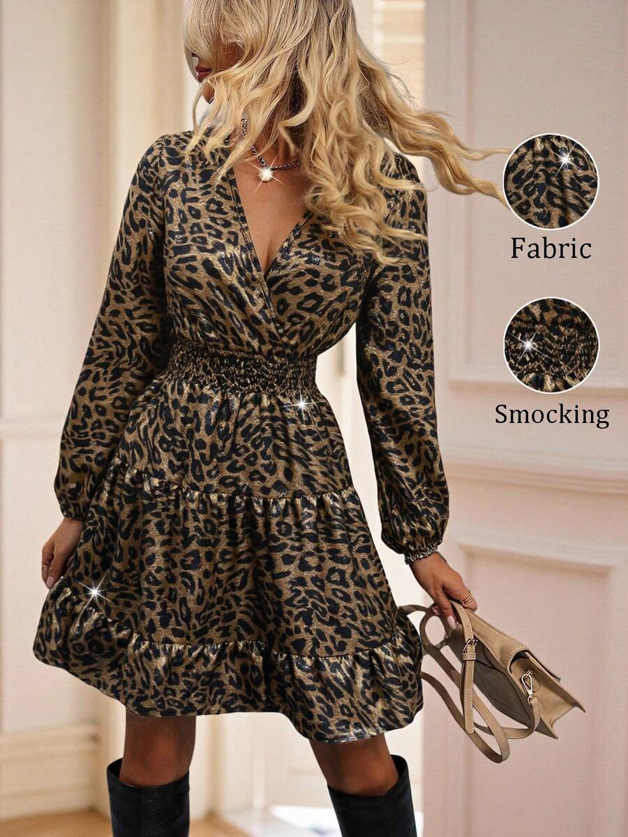 Lyxana Women's Autumn/Winter Leopard Print V-Neck Long Sleeve Waist Cinched A-Line Dress, Shiny Gold Tone, Party Style - Multicolor - View 1