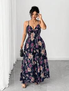 Elenzga Váy hai dây xẻ đùi họa tiết hoa mới cỡ lớn dành cho nữ, thích hợp cho kỳ nghỉ và hẹn hò - Nhiều màu - Xem 4