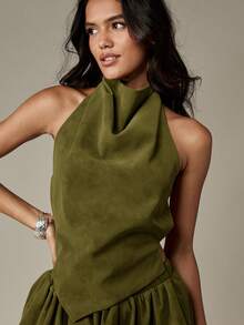 MISSGUIDED Halter Neck Backless Two Piece Coord Set With Asymmetrical Top And Gathered Skirt - Army Green - View 3
