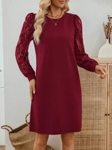 EMERY ROSE 女士纯色蕾丝拼接圆领休闲长袖短裙 - 酒紅色 - 查看 3