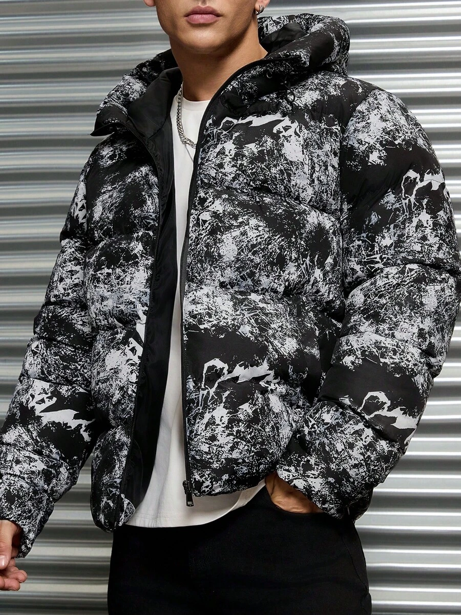 EURMUSE Men Graphic Pattern Regular Hooded Padded Coat - Black and White - View 1