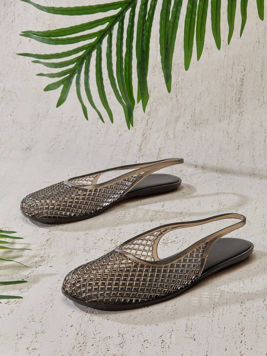 Solezae 女士透明果冻透气网眼露跟芭蕾平底鞋——优雅、柔软，度假必备 - 黑色 - 查看 1