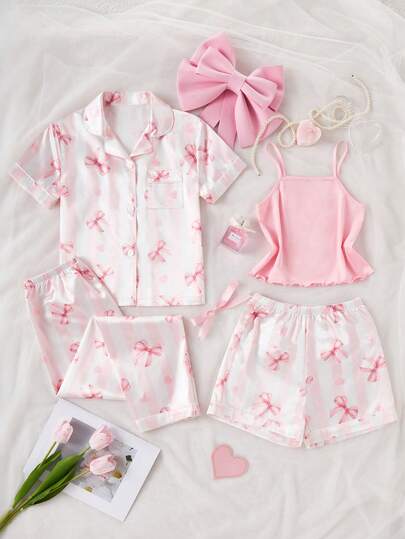 Conjunto de 4 piezas de pijama para niñas - Top sin mangas a rayas rosas con corazón y lazo, camiseta de manga corta, pantalón largo, shorts, ropa de estar en casa casual
