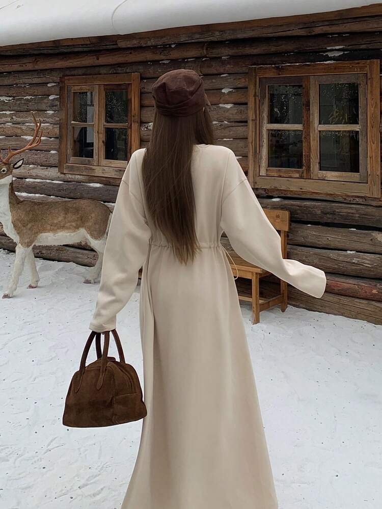 Women's Casual Solid Color Drawstring Hooded Sweatshirt Midi Dress, Autumn/Winter