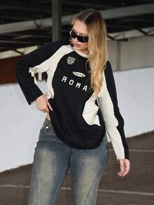Arliah Tricou damă cu mânecă raglan, model casual, blocuri de culori, mânecă lungă, primăvară/toamnă - Negru - Vizualizare 1