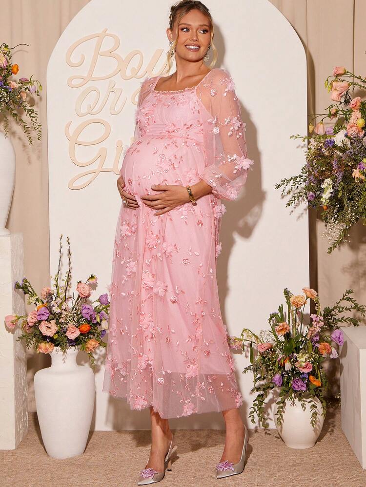 Loomaby Maternity Floral Embroidery Mesh Lantern Sleeve Elegant Dress Dress Gender Reveal Dress Maternity Dress Baby Shower Dress Babyshower Dress Maternity Maternity Dress For Photoshoot Pink Floral Applique Dress Pink Long Sleeve Dress Pregnancy Dress For Photoshoot Baby Shower Guest Outfit Maternity Floral Dress Valentine's Day - Pink - View 1
