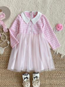 PrepCrw 女童翻领长袖网纱拼接连衣裙 - 淺粉色 - 查看 2