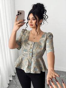 Elenzga Plus Size Women Vintage Elegant Jacquard Jacquard Square Neck Metal Button Decor A-Line Shirt With Side Slit, Suitable For Spring/Summer - Green - View 5