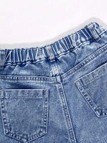 ChillGRL 少女可爱休闲时尚学院风日常穿搭多元素爱心星形印花水洗蓝舒适宽松阔腿牛仔裤 - 中等水洗藍 - 查看 5