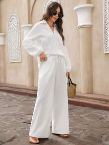 EMERY ROSE 女士纯色翻领长袖上衣和口袋裤休闲两件套 - 白色 - 查看 5