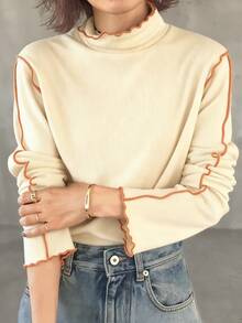 FRIFUL Women's Turtleneck Contrast Color T-Shirt With Contrast Ruffle Hem, Multi-Layer Ruffled Flared Sleeves, Fitted Long Sleeve Top - Apricot - View 2
