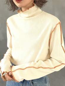 FRIFUL Women's Turtleneck Contrast Color T-Shirt With Contrast Ruffle Hem, Multi-Layer Ruffled Flared Sleeves, Fitted Long Sleeve Top - Apricot - View 3