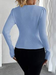 SHEIN LUNE French Lace Patchwork V-Neck Fitted Puff Sleeve Knit Sweater With Pearl Decor, Long Sleeve - Blue - View 2