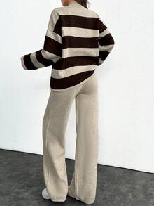 EURMUSE Striped Pattern Drop Shoulder Sweater & Knit Pants, Tall Women - Multicolor - View 2