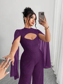 Elenzga Plus Size Women's Elegant Party Dress, Sequin Embellished, Long Sleeve Jumpsuit, Autumn - Purple - View 8
