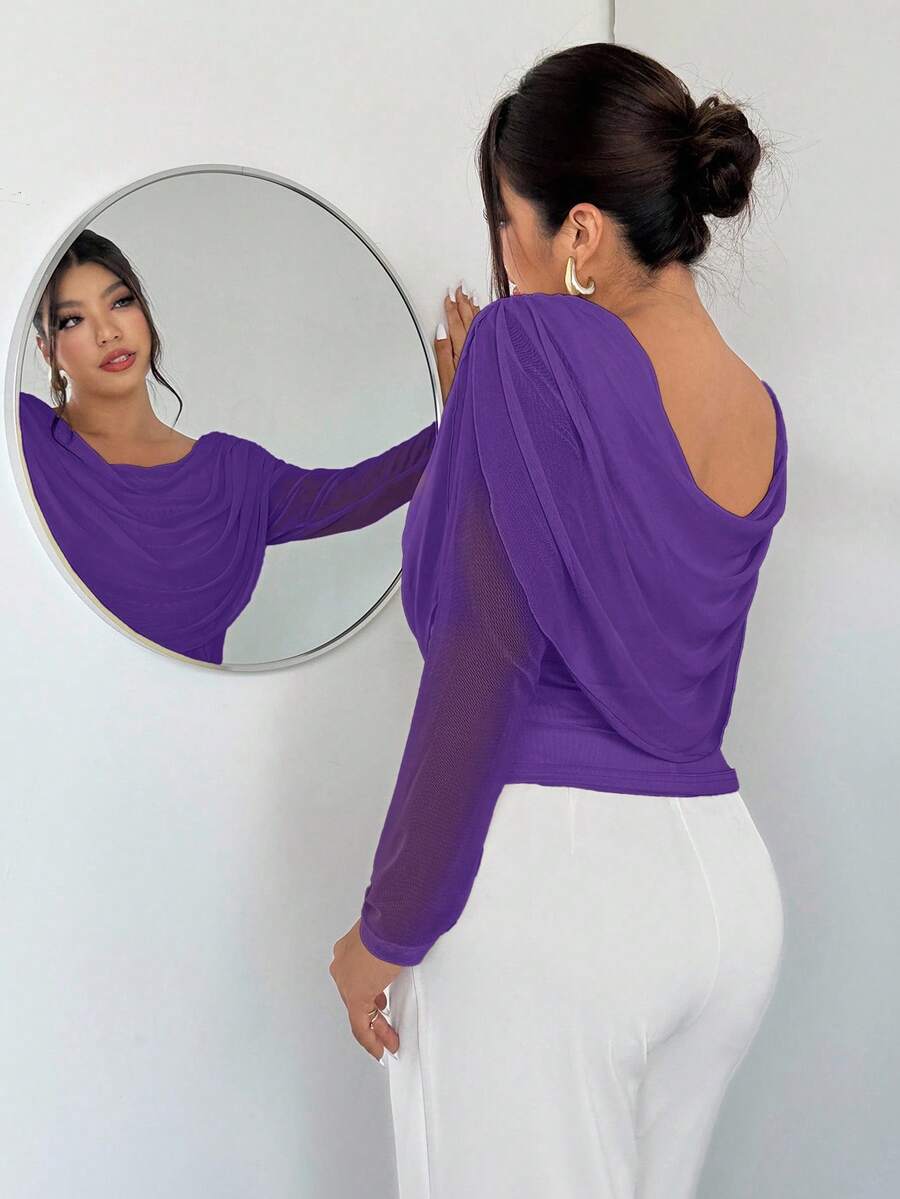Firerie 大码女士优雅深V领长袖网纱透视修身性感T恤，适合情人节、音乐会、演出、约会、正式晚宴、舞会、婚礼季、性感、优雅、通勤、返校、度假、海滩、浪漫、职场女神、美人鱼风、生日派对等场合，紫色上衣 - 紫色 - 查看 1