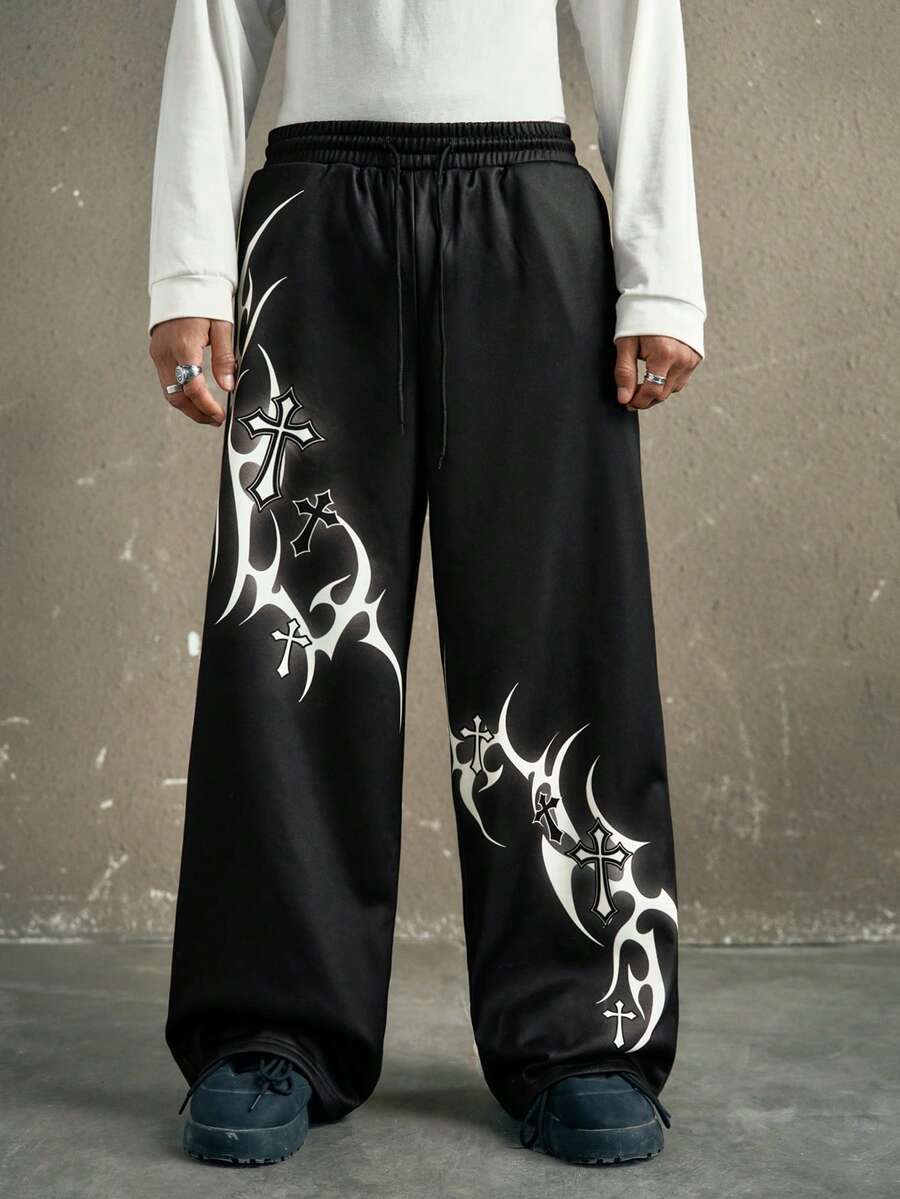 AXEPEAK Men's Fashion Digital Cross Print Sweatpants - Black - View 1