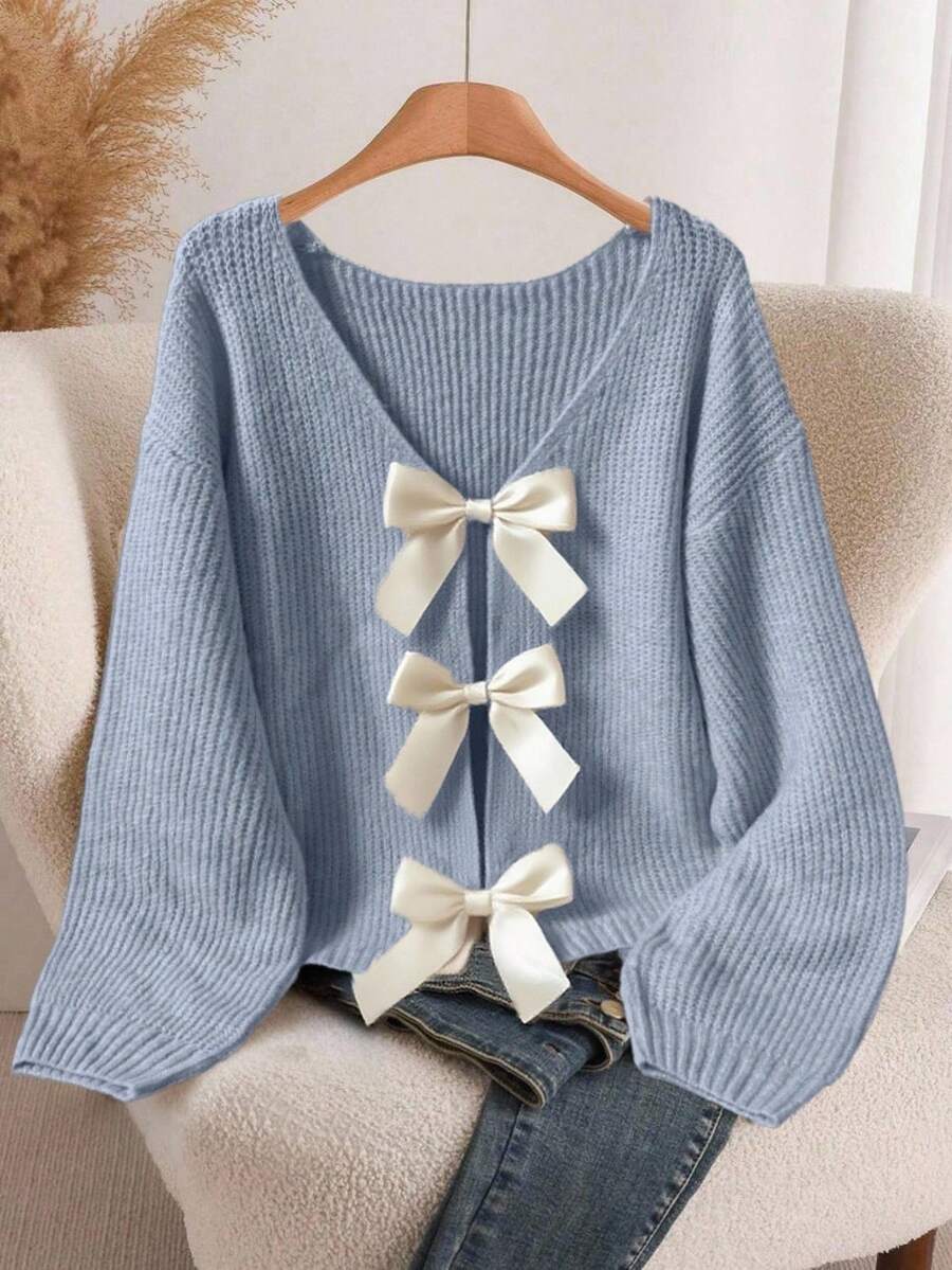 Franclia V领蝴蝶结装饰优雅长袖套头毛衣 - 霧霾藍 - 查看 1