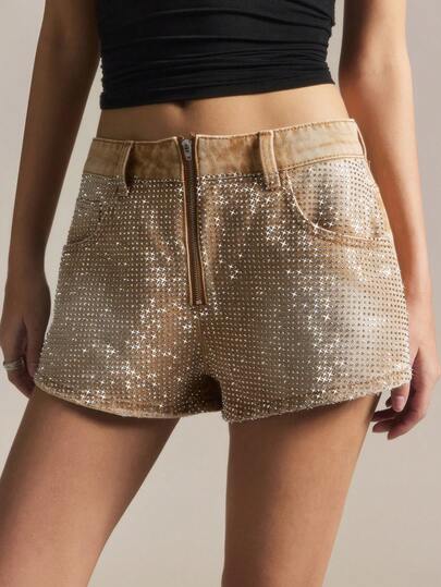 Easelle 女士复古做旧水钻装饰牛仔短裤