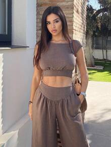 Maca Silvats Set de 2 bucăți pentru femei, vară, casual, culoare solidă, top scurt și pantaloni lungi - cafea maro - Vizualizare 3