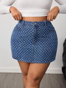 Slaydiva Plus Size Women's Denim Skirt With Embossed Pockets, Slim Fit, Textured Fabric, Medium Blue Denim Skirt, Bodycon Mini Skirt, Christmas Skirt, New Year's Skirt, Valentine's Day Skirt, Mother's Day Skirt, Casual Outing Skirt, Y2K Skirt - Medium Wash - View 2