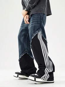 ROMWE MEN Prep Men's Color Block Striped Distressed Denim Jeans - Bronze - View 1