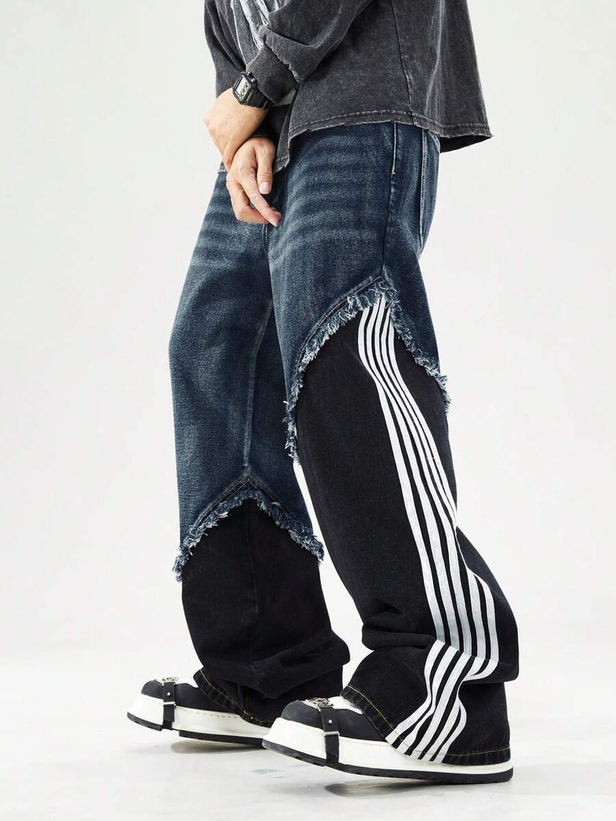 ROMWE MEN Prep Men's Color Block Striped Distressed Denim Jeans - Bronze - View 1